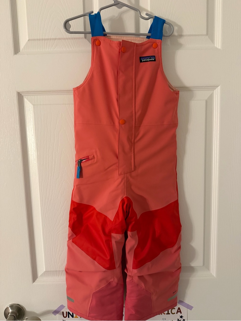 Patagonia Kids Coral and Red Snow Overalls with Blue Straps- LIKE NEW CONDITION